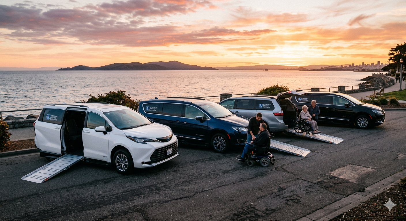 B&Y Transportation accessible vehicle fleet at sunset, showing wheelchair-accessible vans with ramps deployed